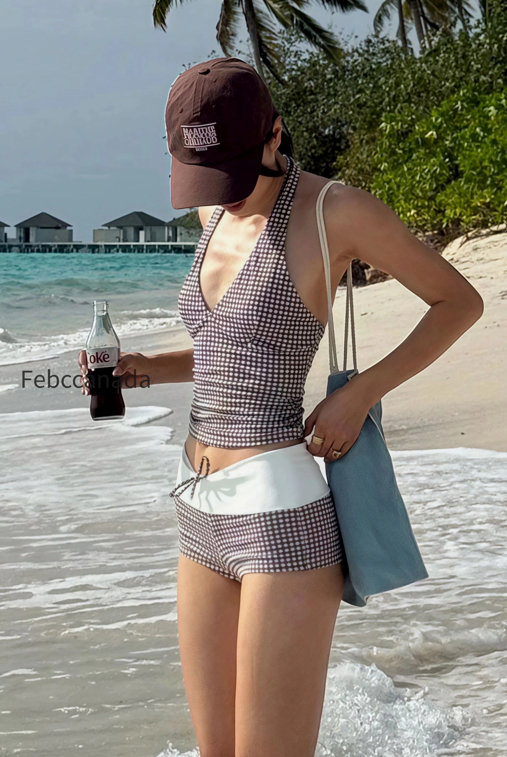 plaid-v-neck-backless-two-piece-set