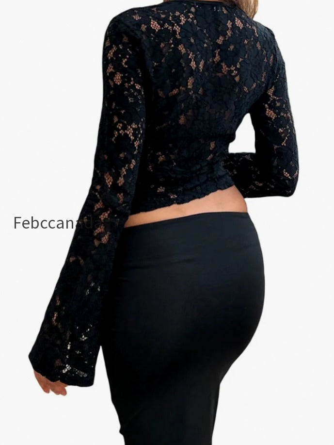 lace-floral-hollow-out-cropped-long-flare-sleeve-v-neck-slim-fit-solid-t-shirts