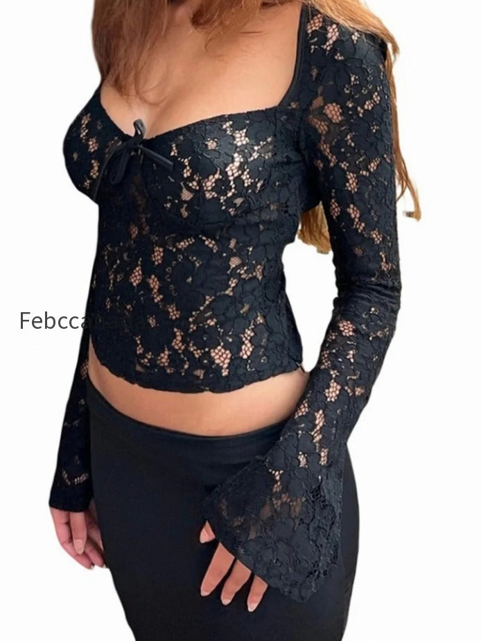 lace-floral-hollow-out-cropped-long-flare-sleeve-v-neck-slim-fit-solid-t-shirts