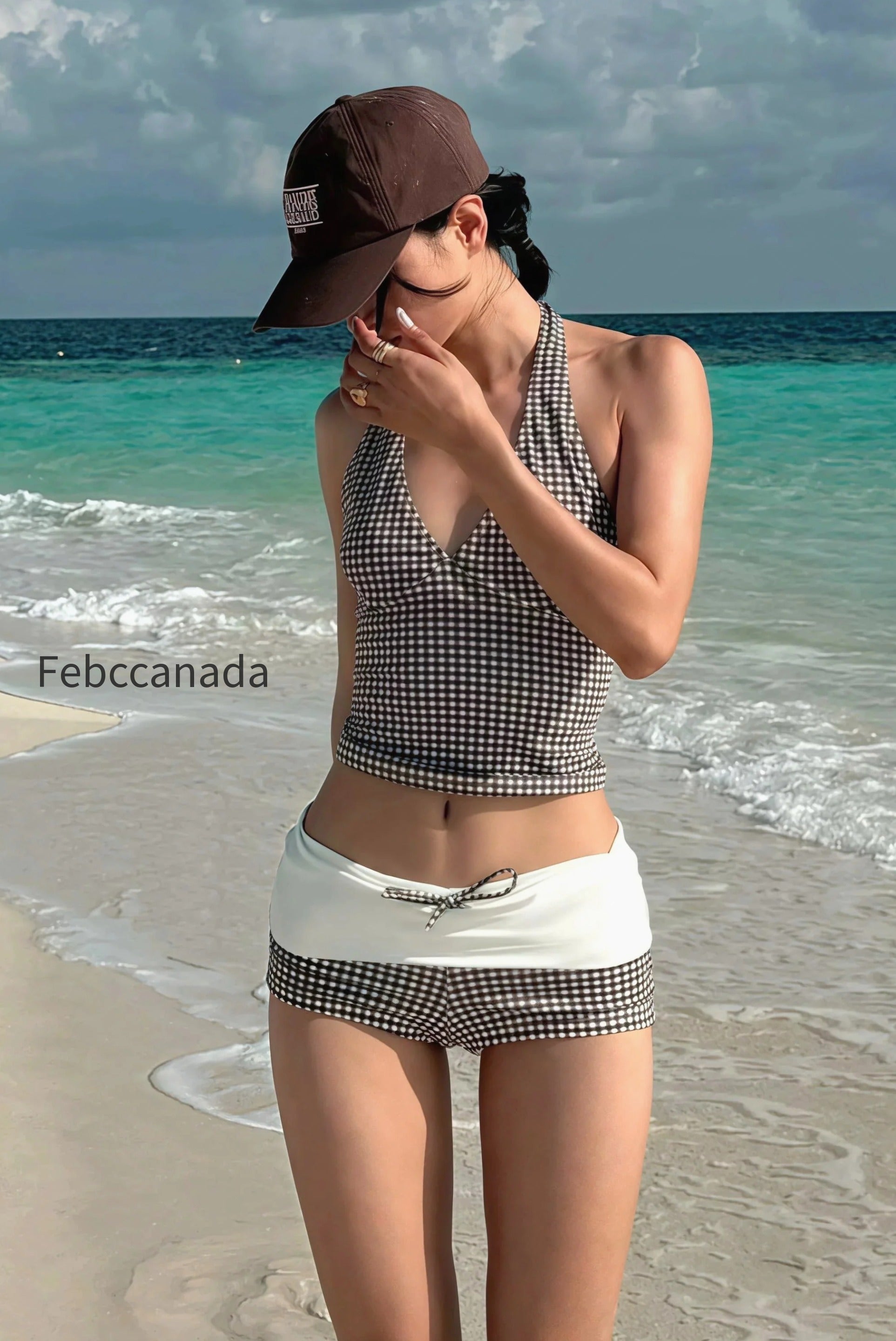 plaid-v-neck-backless-two-piece-set