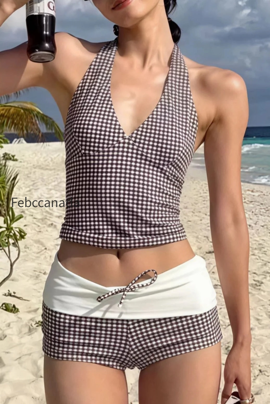 plaid-v-neck-backless-two-piece-set