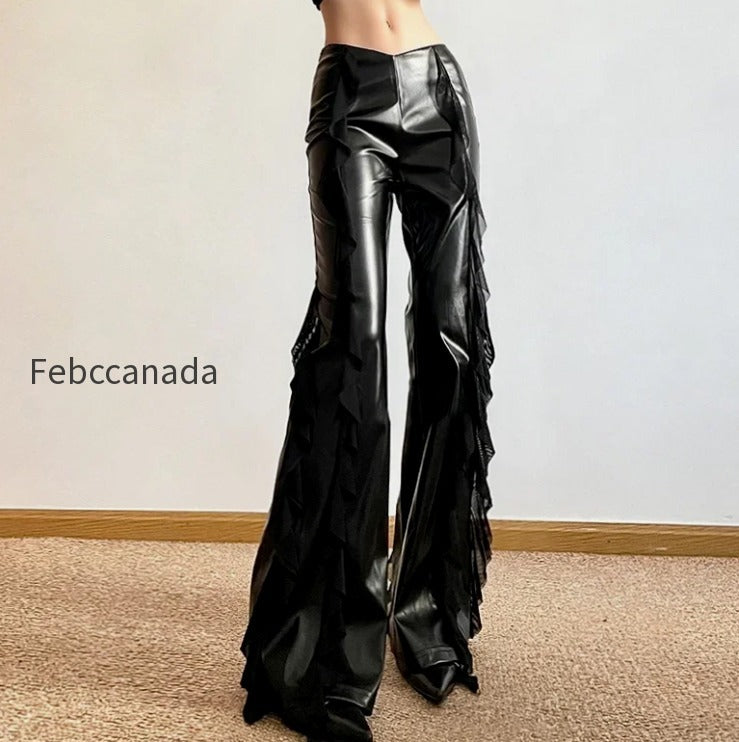 gothic-zip-women-casual-flare-pants-faux-pu-mesh-pants