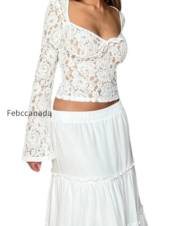 lace-floral-hollow-out-cropped-long-flare-sleeve-v-neck-slim-fit-solid-t-shirts