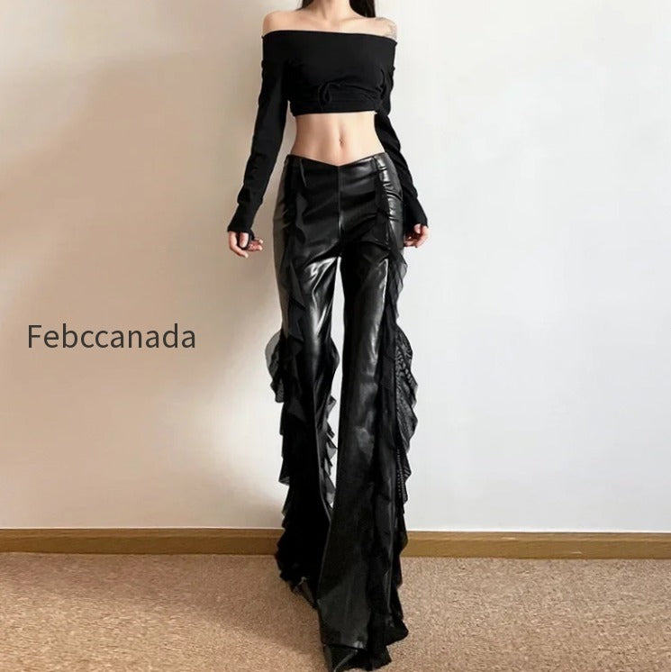 gothic-zip-women-casual-flare-pants-faux-pu-mesh-pants