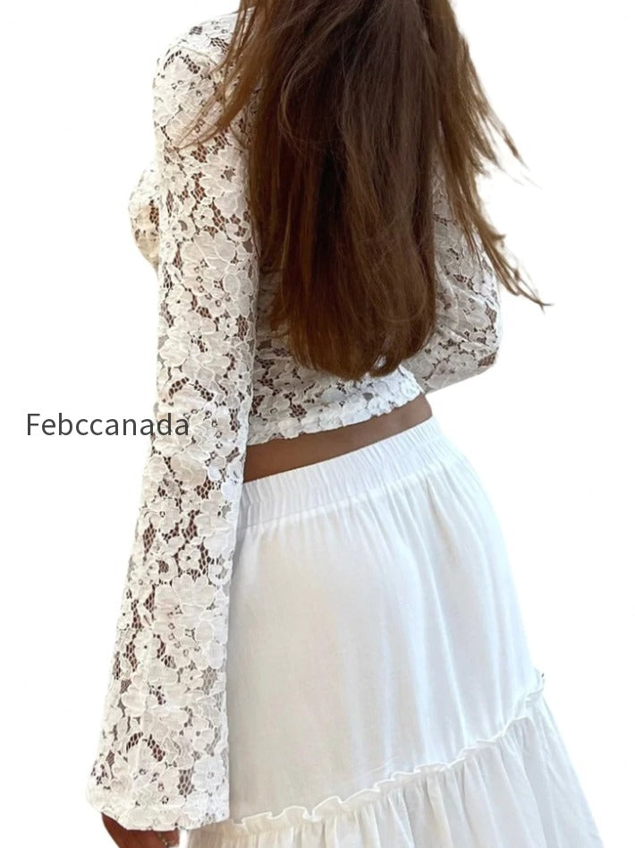 lace-floral-hollow-out-cropped-long-flare-sleeve-v-neck-slim-fit-solid-t-shirts