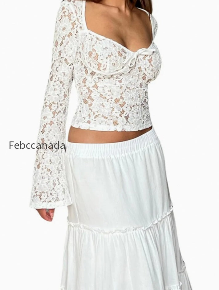 lace-floral-hollow-out-cropped-long-flare-sleeve-v-neck-slim-fit-solid-t-shirts