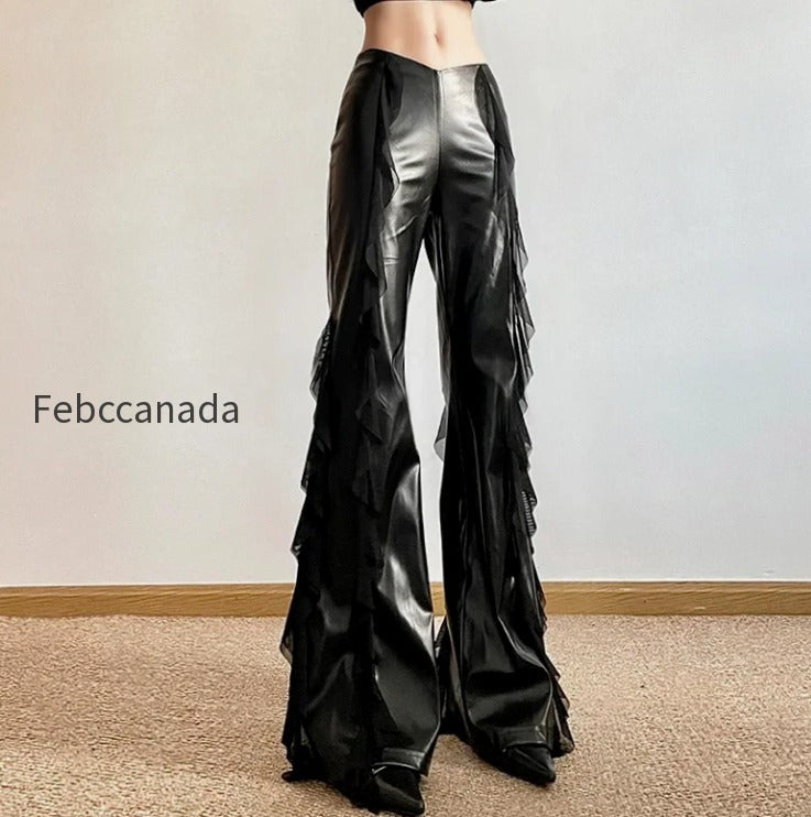 gothic-zip-women-casual-flare-pants-faux-pu-mesh-pants