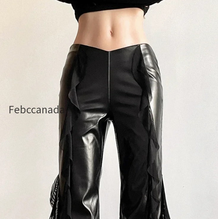 gothic-zip-women-casual-flare-pants-faux-pu-mesh-pants